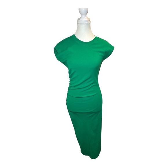 ZARA Kelly Green Ruched Bodycon Midi Dress Sz M - Picture 2 of 7